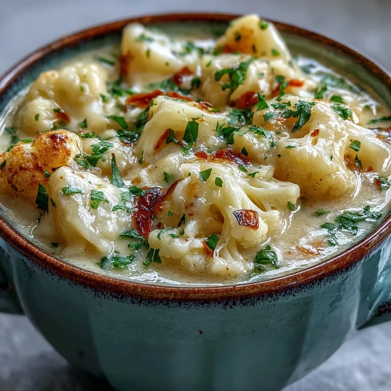Comforting bowl of Vegetarian Cauliflower Chowder, garnished with fresh parsley and a sprinkle of cheese.