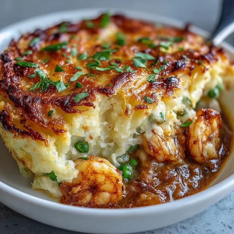 A spoon digs into a generous slice of curried fish pie, revealing tender fish chunks and peas in a luscious curry sauce.