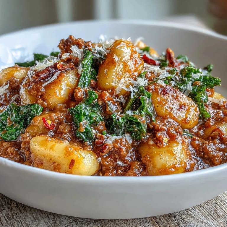 A close-up of golden Sausage Gnocchi with Kale, featuring spicy sausage crumbles and wilted greens.