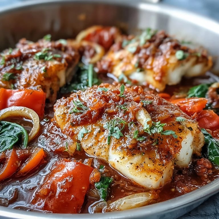 Sizzling Spiced Cod One Pot simmering in a Dutch oven with wilted spinach and lemon slices.