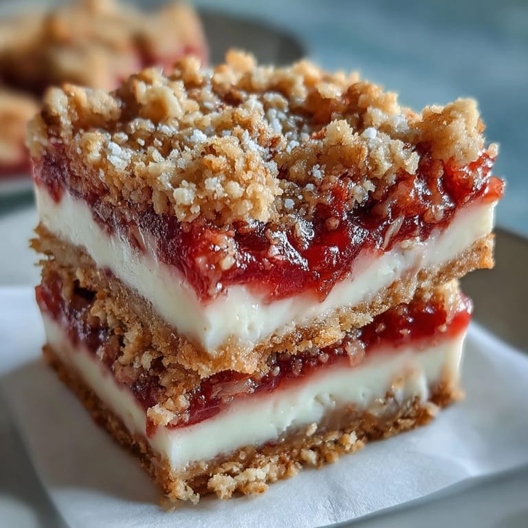 Creamy vanilla custard layers peek from the sides of the Rhubarb and Custard Crumble Bars.