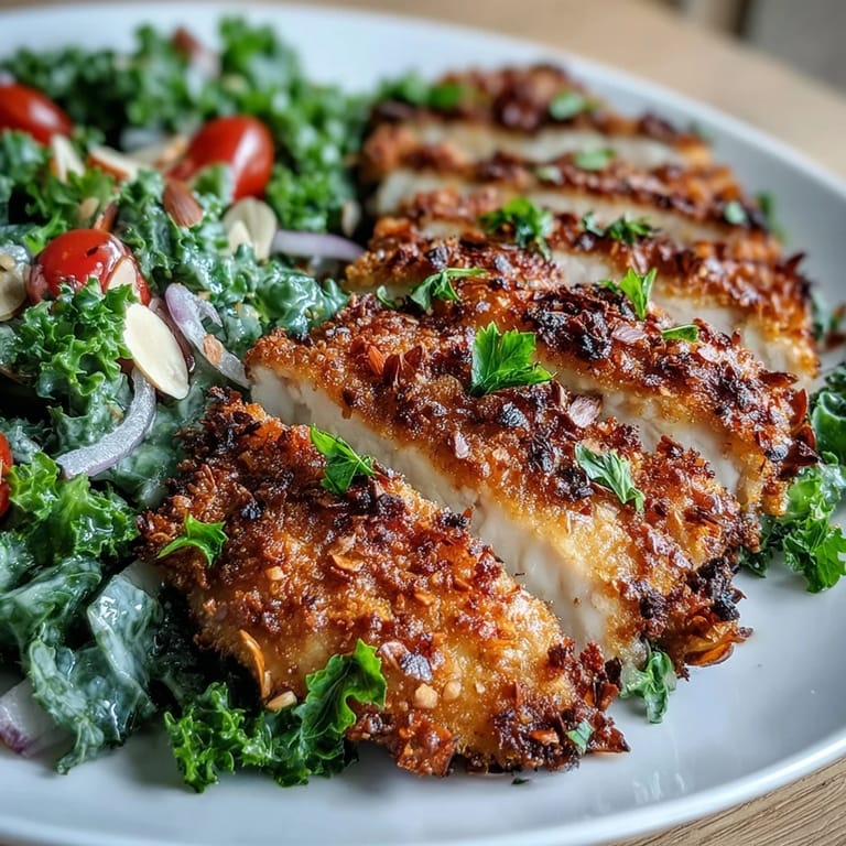 A plating of juicy almond-crusted chicken next to a zesty kale and sumac salad garnished with red onion.