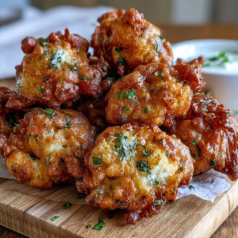 Spiced Cauliflower Bhajis stacked on a plate next to creamy Indian yogurt dip.