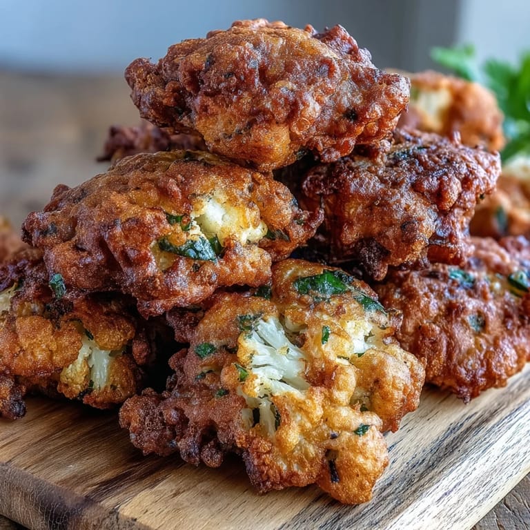 A bowl of Cauliflower Bhajis served hot with fresh cilantro and lemon wedges.