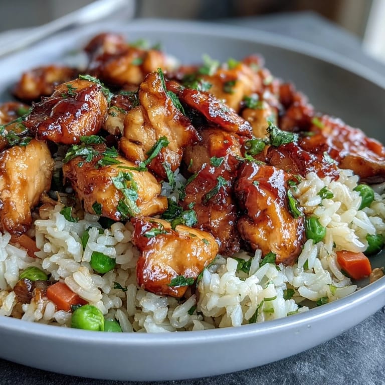 Perfect for weeknights, the One-Pan Bold Honey BBQ Chicken Rice steams tender vegetables atop honey-glazed chicken and rice, with golden edges visible.