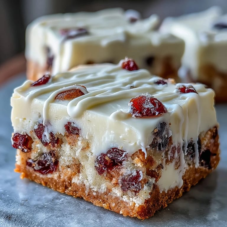 Frosted Cranberry Bliss Bars are cut into squares, scattered with white chocolate drizzle and extra dried cranberries.