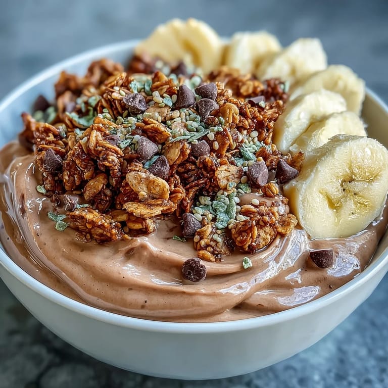 Two vibrant Chunky Monkey Smoothie Bowls ready to serve with cacao nibs and chocolate chips.