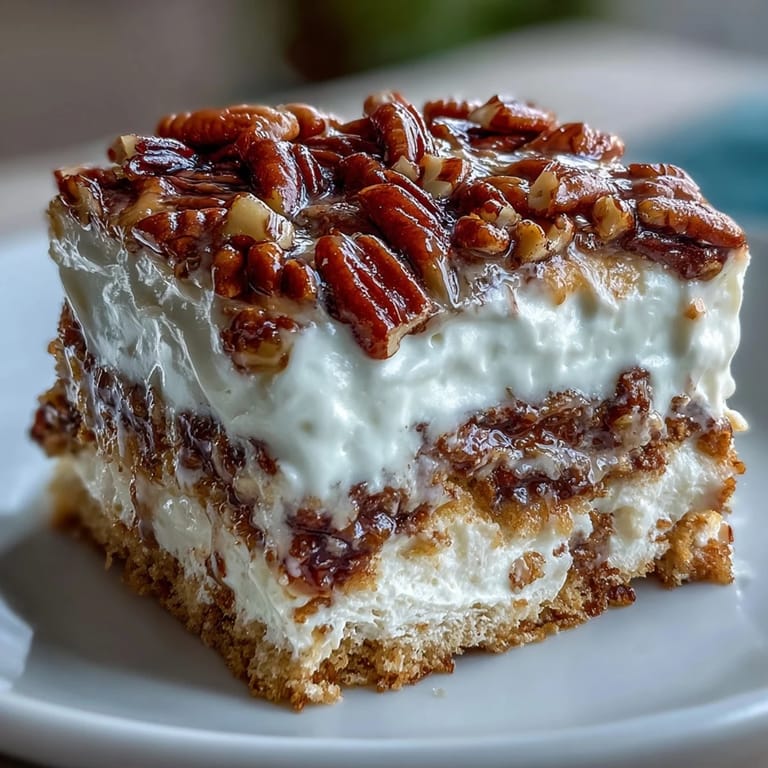 A chilled slice of Butter Pecan Tres Leches Cake with a drizzle of caramelized pecans next to a glass of milk.