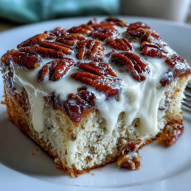 Close-up of Butter Pecan Tres Leches Cake revealing fluffy whipped topping and crunchy brown sugar pecans on a dark plate.