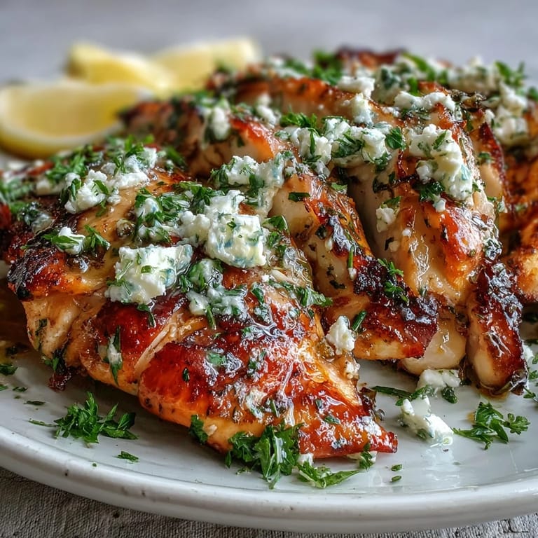 A skillet of tender Greek Chicken with Lemon and Feta, topped with crumbled feta and fresh parsley.