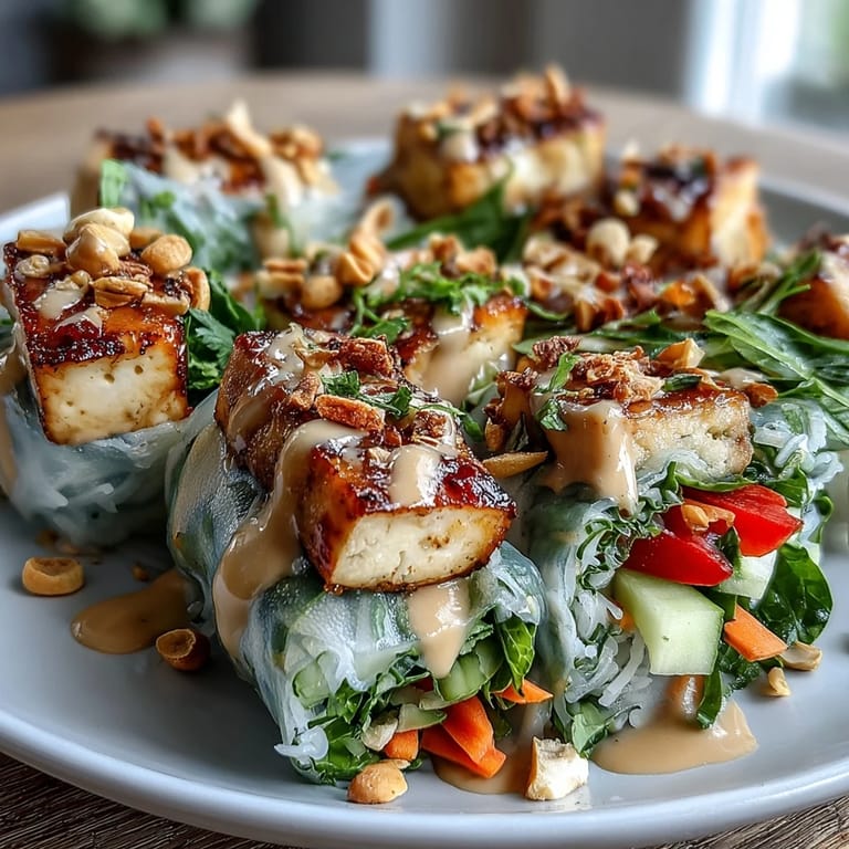 Overhead view of a fresh Rice Paper Roll Bowl featuring silky rice paper shards, salad greens, bell peppers, and herbs, paired with a small dipping bowl of savory peanut sauce.