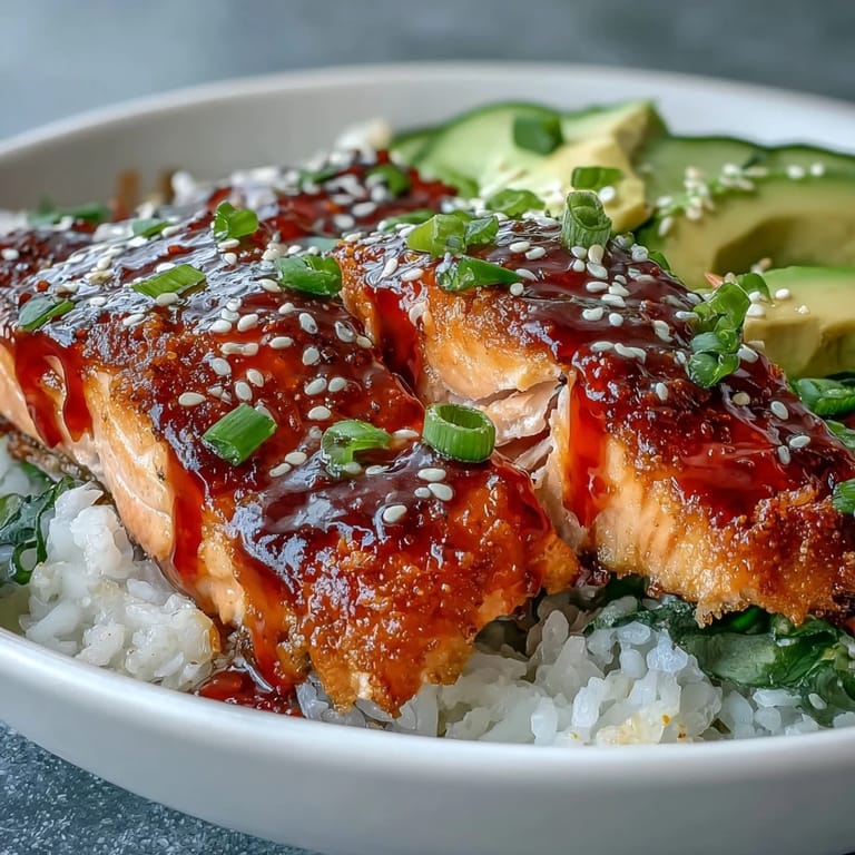 Steamed jasmine rice forms the base for glazed salmon, cucumber, edamame, and avocado in this colorful, restaurant-style Honey Sriracha Salmon Bowl.