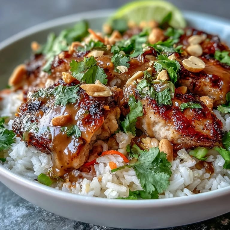 Peanut Chicken Protein Bowl for meal prep, featuring succulent chicken, fresh cilantro, lime wedges, and a rich Thai-inspired peanut drizzle.