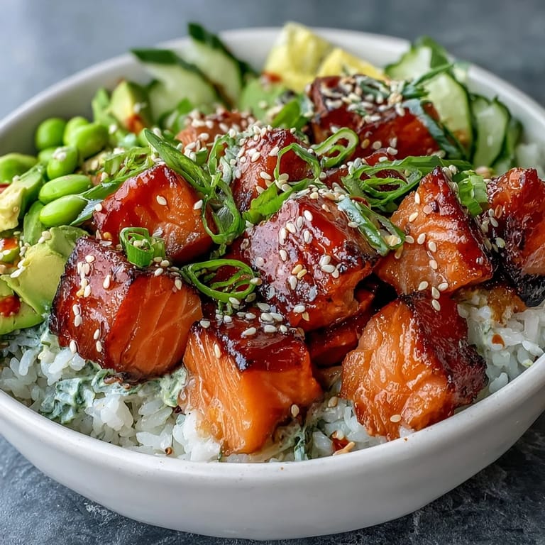 A close-up of the baked Salmon Rice Bowl reveals edamame and crisp cucumber slices, garnished with sesame seeds and fresh green onions.
