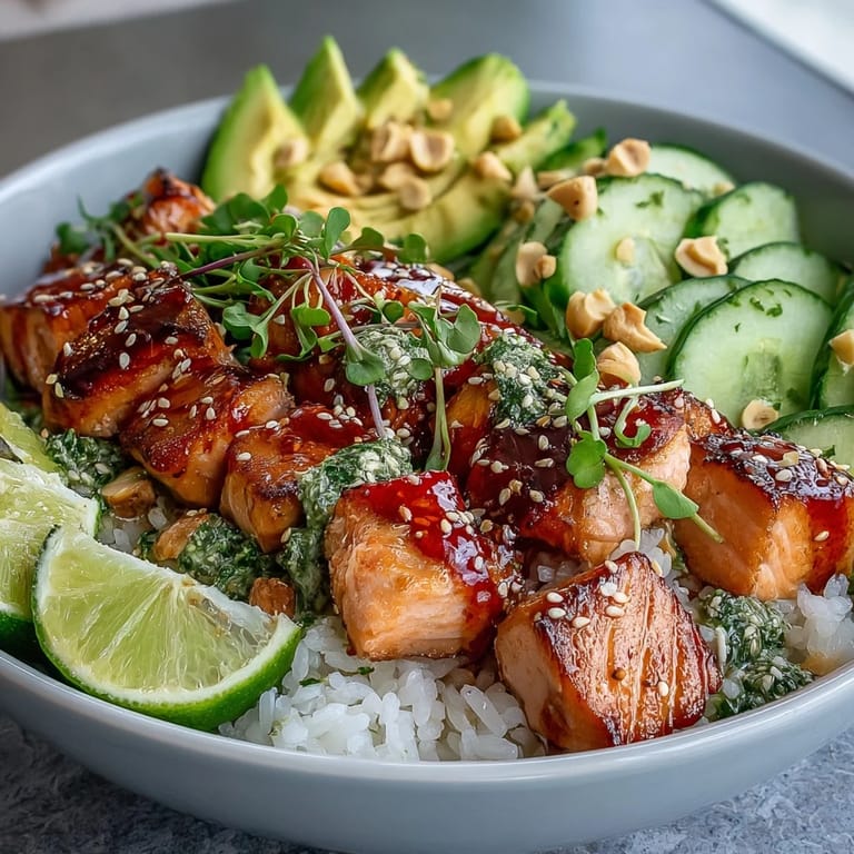 A fresh Avocado Salmon Bowl topped with crisp cucumber, nori strips, and a drizzle of tamari and chili oil.