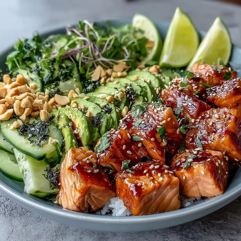 Vibrant Avocado Salmon Bowl served with lime wedges, wasabi, and sesame seeds over warm sushi rice.