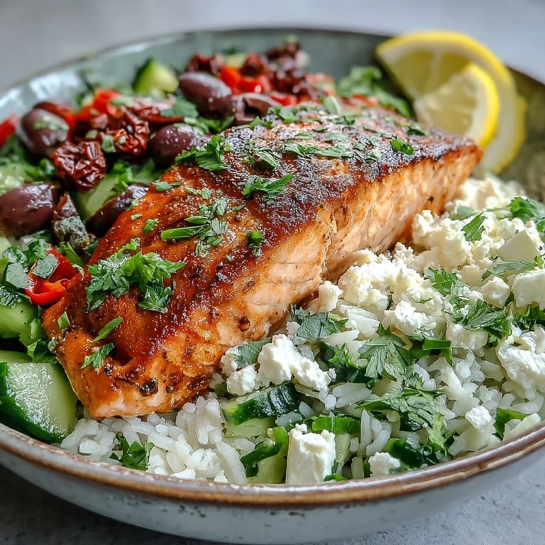 A close-up view of a Mediterranean Salmon Bowl featuring flaky salmon, golden crispy rice, and fresh cilantro garnish.