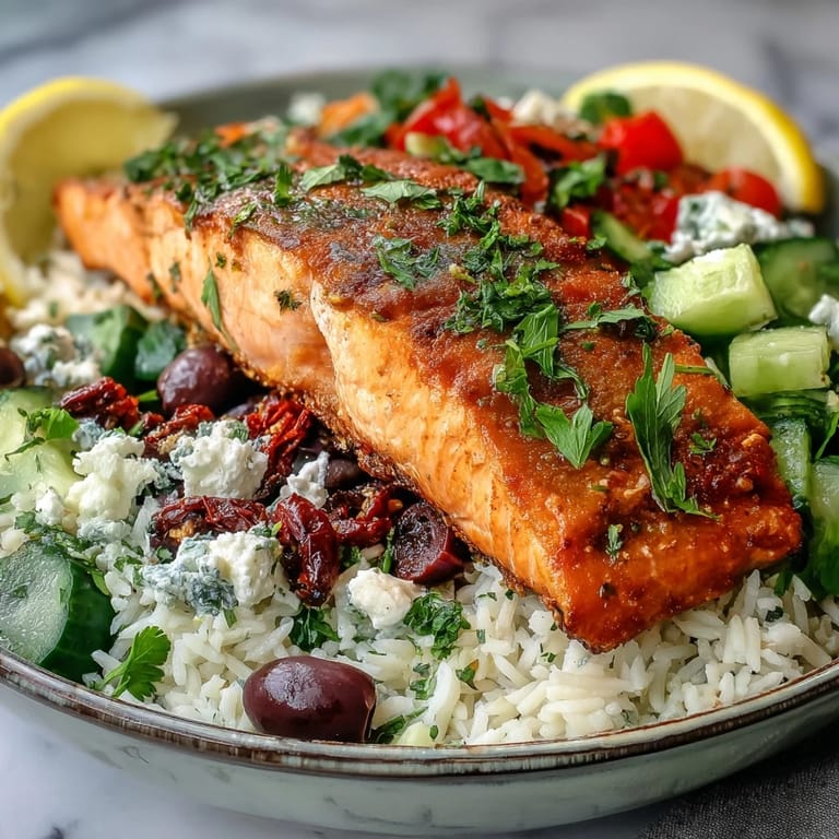 Freshly prepared Mediterranean Salmon Bowl with lemon wedges, colorful veggies, and crumbled feta cheese, ready to serve.