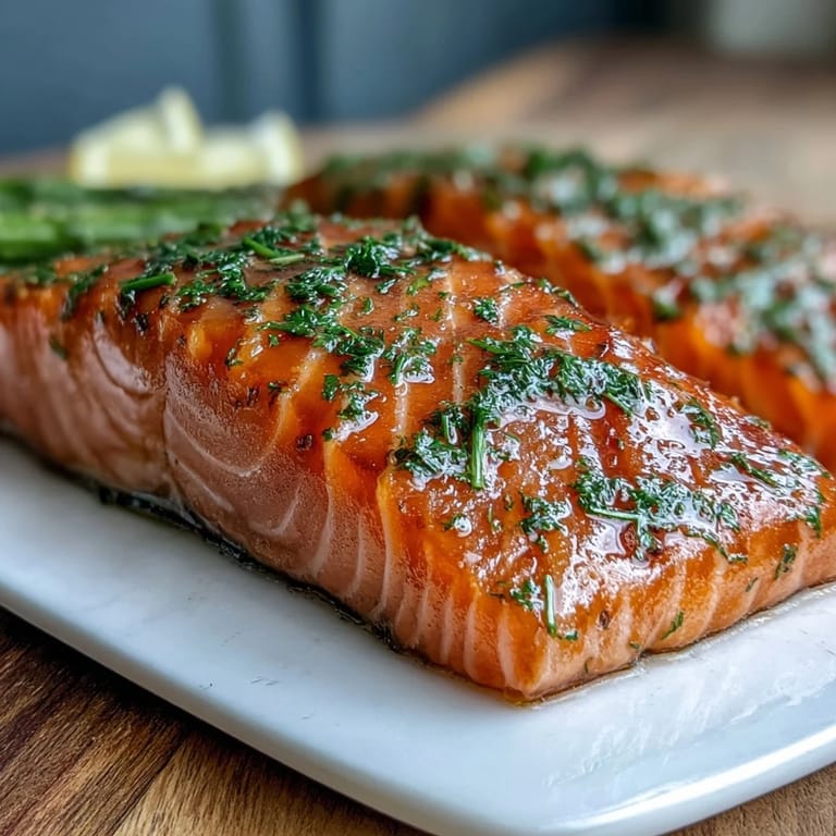 Aromatic garlic butter salmon fillets roasted to perfection with tender asparagus, lemon slices adding a fresh citrus aroma and elegant visual appeal.