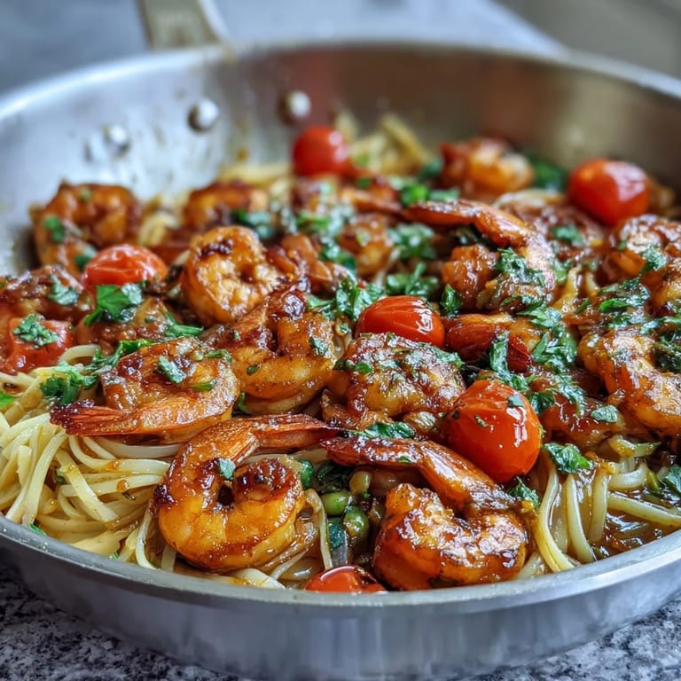 Colorful spring pasta with tender shrimp, snap peas, and zucchini in a fragrant garlic-lemon sauce.