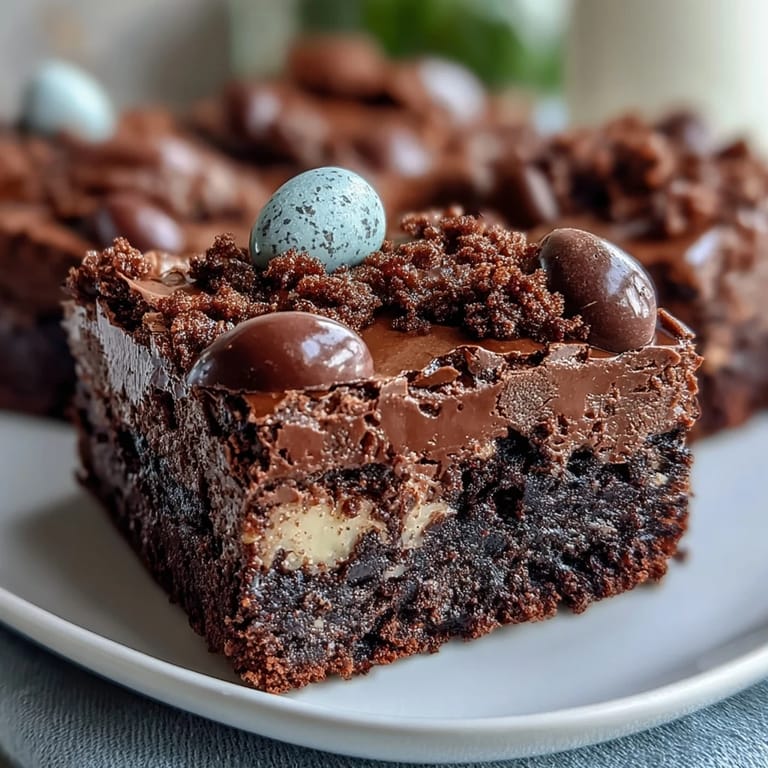 Rich, gooey chocolate brownies loaded with Cadbury mini eggs and topped with a buttery chocolate crumble for extra indulgence.