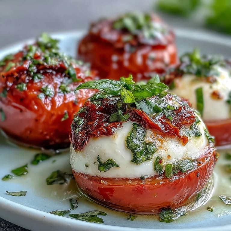 Colorful appetizer skewers featuring ripe tomatoes, creamy mozzarella, and fresh basil leaves with pesto drizzle.  