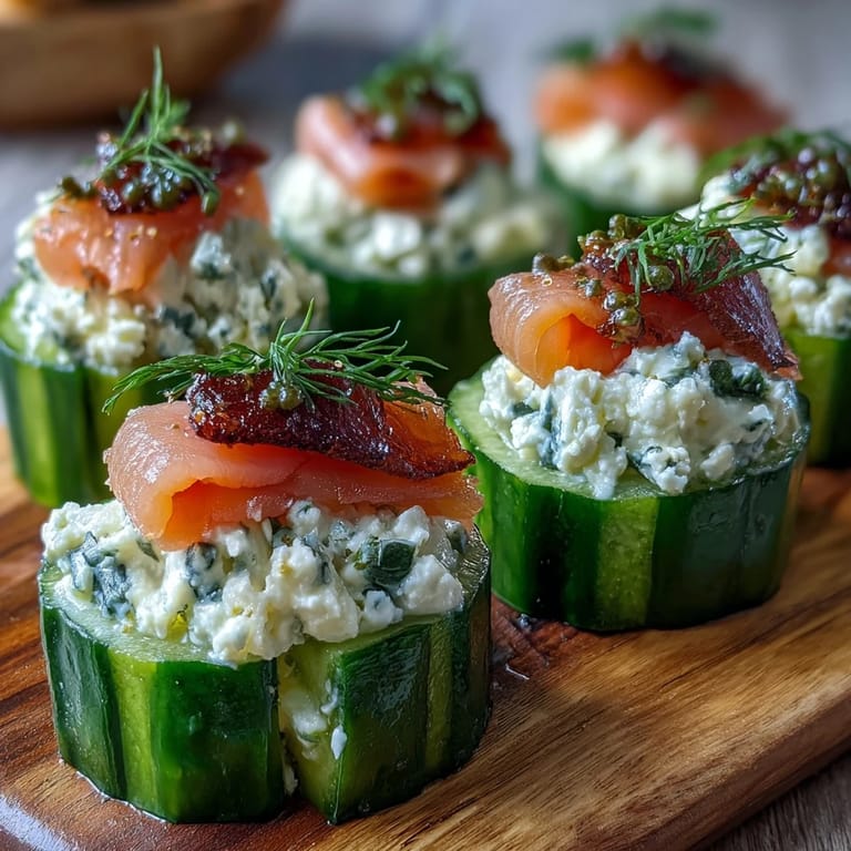 Crisp cucumber rounds layered with creamy cheese and savory smoked salmon, perfect for summer parties and light bites.