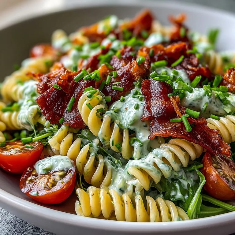 Vibrant BLT pasta with crunchy bacon, juicy tomatoes, and smooth avocado ranch—perfect for summer gatherings.