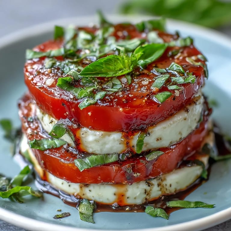 Vibrant Caprese salad with basil oil drizzle, juicy heirloom tomatoes, and soft mozzarella slices.  