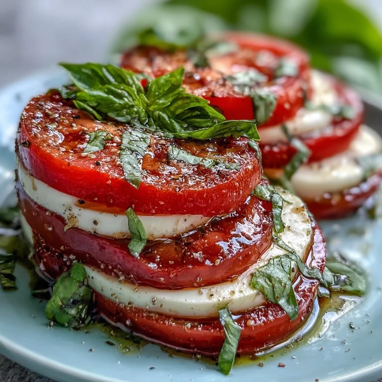Classic Caprese salad with basil oil drizzle, fresh basil leaves, and balsamic glaze for extra flavor.