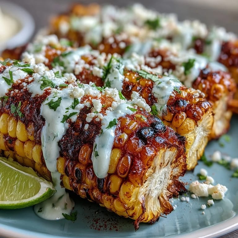 Sweet corn grilled to perfection, brushed with zesty elote sauce, and garnished with Cotija cheese for a classic Mexican street food treat.