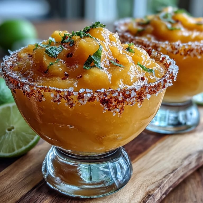Creamy frozen mango blended with lime and orange juice in a chilled glass, garnished with lime and mango for a tropical, non-alcoholic margarita treat.