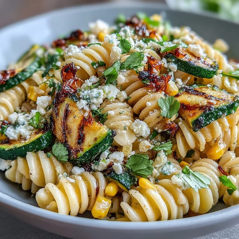 Smoky grilled zucchini corn pasta salad, a perfect light summer meal.
