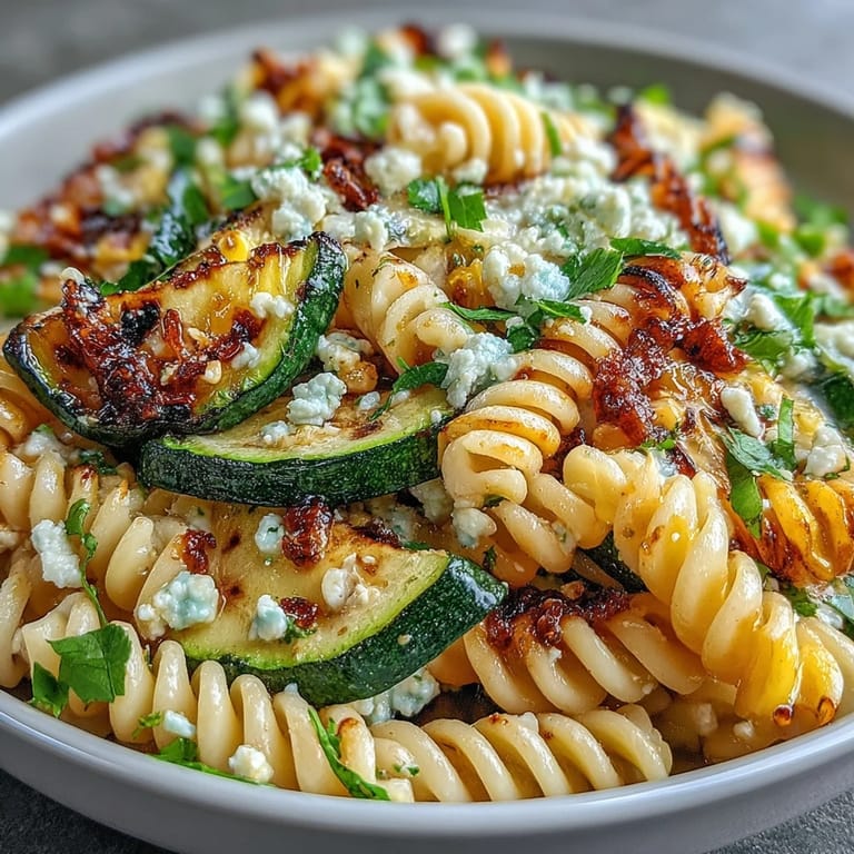 Fresh pasta salad featuring charred zucchini, corn, and zesty lime dressing.