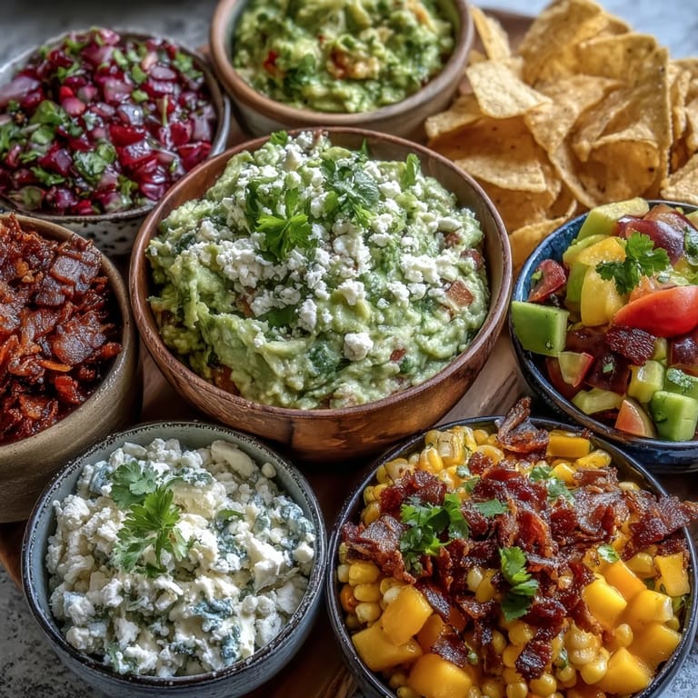 A festive Guacamole Bar featuring creamy avocado, colorful toppings, and crunchy tortilla chips.