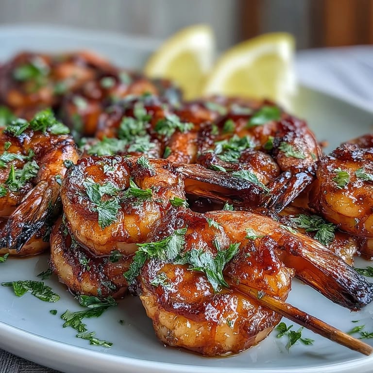 Mouthwatering grilled honey garlic shrimp skewers with parsley, perfect for outdoor dining.