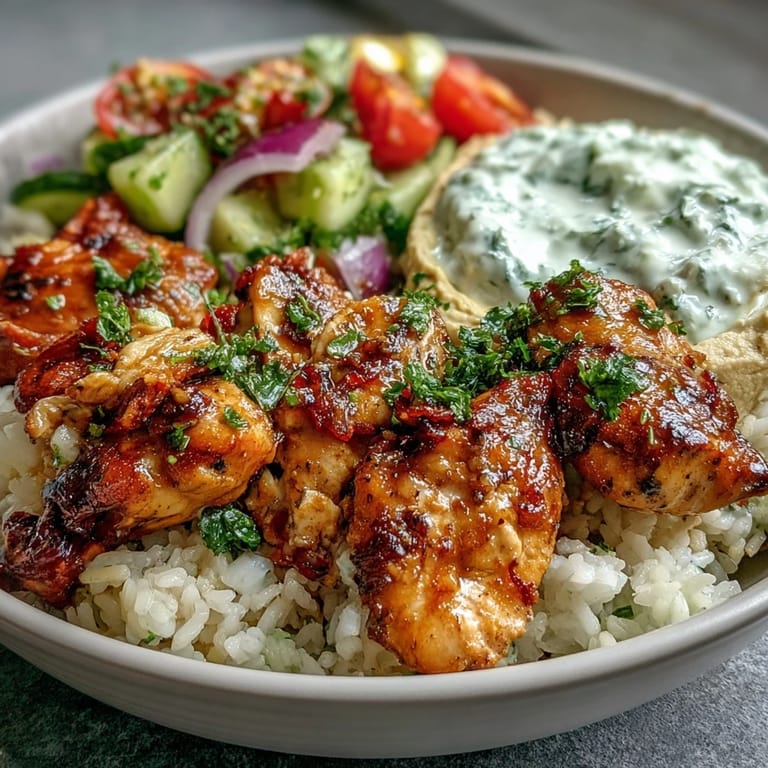 Hearty Greek chicken bowls, a balanced meal with marinated chicken, cool tzatziki, and olives.