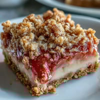 Freshly baked Rhubarb and Custard Crumble Bars display a golden oat topping over rhubarb filling.