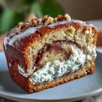Freshly baked Cream Cheese Cinnamon Swirl Banana Bread slices on a wooden board, revealing a moist crumb and rich cream cheese filling.