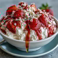 A vibrant bowl of creamy Greek yogurt topped with fresh strawberry compote, crunchy nuts, and a golden honey drizzle.