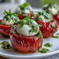 Fresh Caprese skewers with cherry tomatoes, mozzarella, and basil drizzled with vibrant pesto sauce.  