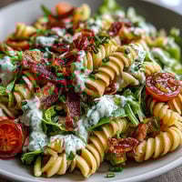 Fresh BLT pasta salad with crispy bacon, ripe avocado, and creamy ranch dressing in a colorful bowl.  