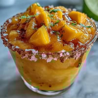 Frozen Mango Margarita Mocktail in a salt-rimmed glass with lime wedges and mango slices, perfect for a refreshing summer party drink.
