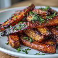 Honey roasted carrots and parsnips, golden and caramelized, served with a sprinkle of fresh thyme.