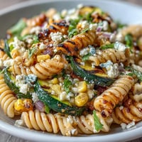 Vibrant pasta salad with grilled zucchini, sweet corn, and salty Cotija.