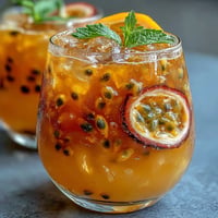 Tropical Sunrise Mocktail with passionfruit and orange in a tall glass.