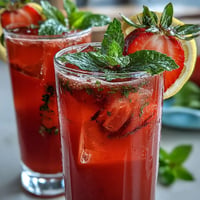 Vibrant Juneteenth Red Drink: Hibiscus Strawberry Lemonade on ice, garnished with fruit.