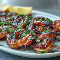 Juicy grilled honey garlic shrimp skewers glistening with char, ready to serve.