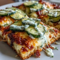 Golden Pickle Pizza Flatbread topped with melted cheese and creamy garlic ranch.